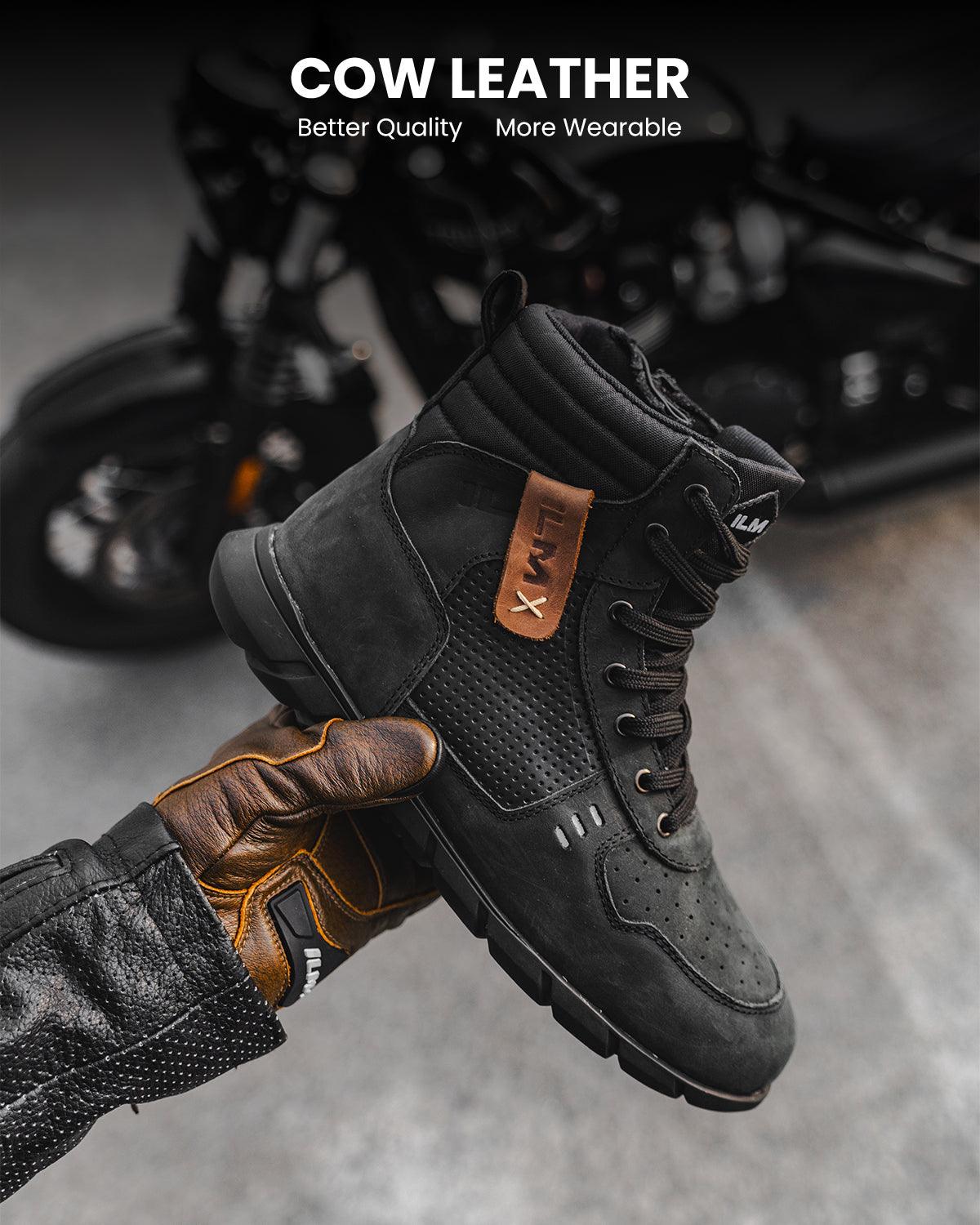 Motorcycle Leather Shoes for Men Waterproof Anti-Slip with Ankle Support