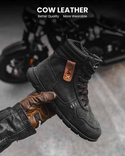 Motorcycle Leather Shoes for Men Waterproof Anti-Slip with Ankle Support