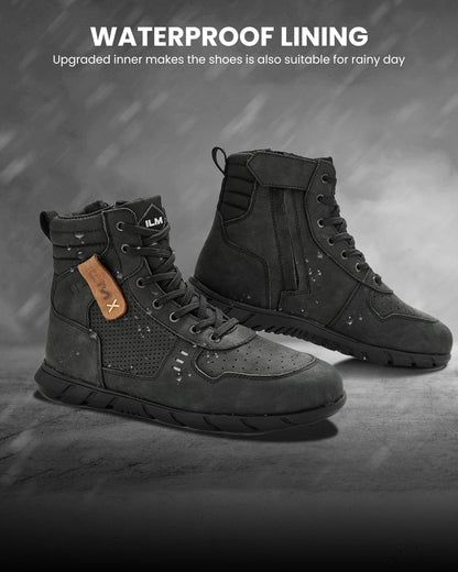 Motorcycle Leather Shoes for Men Waterproof Anti-Slip with Ankle Support