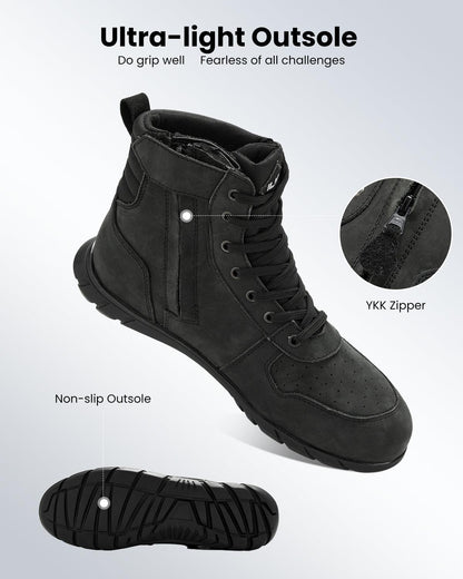 Motorcycle Leather Shoes for Men Waterproof Anti-Slip with Ankle Support