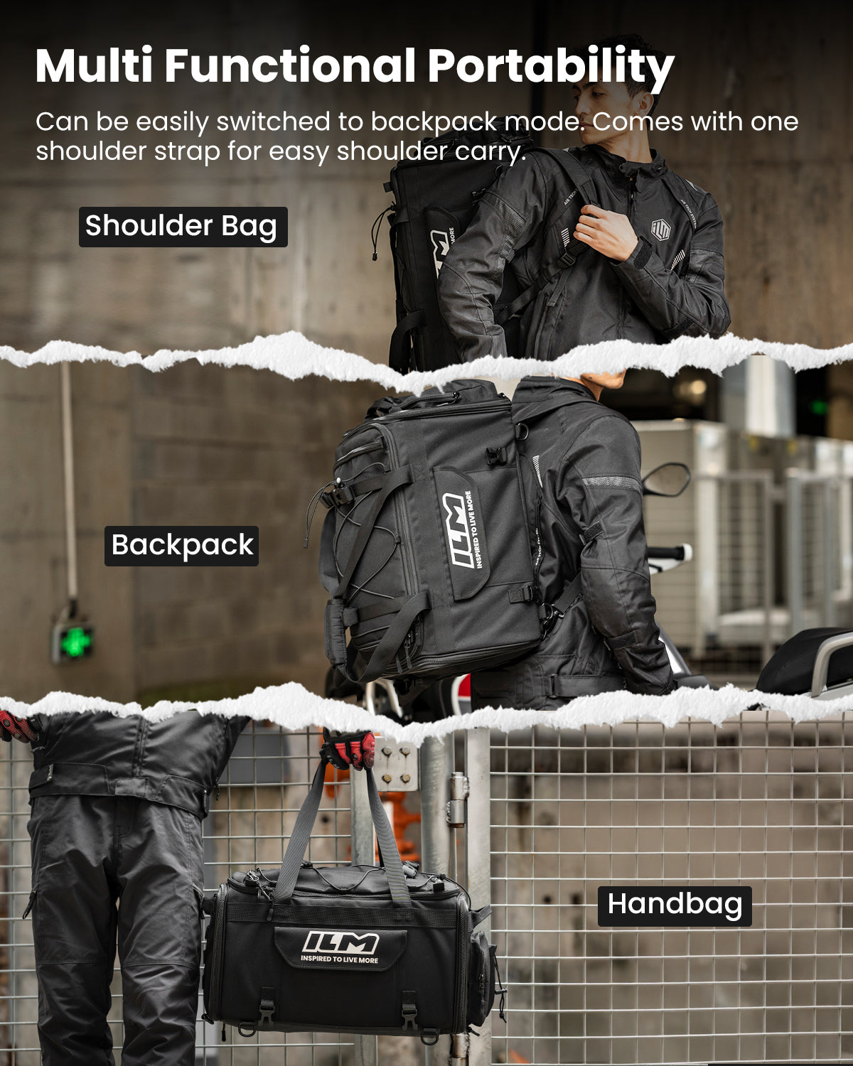 Motorcycle Tail Bag Travel Luggage Motorbike Rear Rack Trunk Shoulder Backpack with Rain Cover